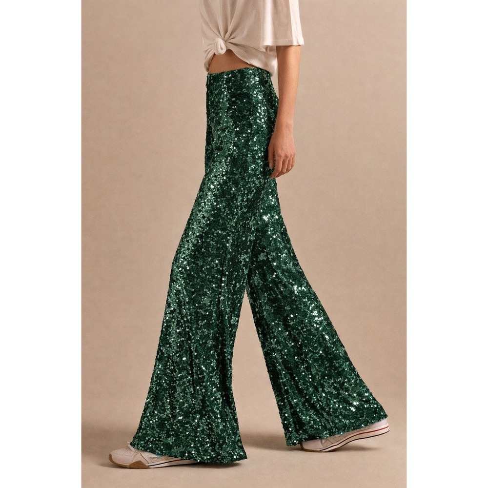Anthropologie Emerald Green Sequin Wide-Leg Pants - Picture 2 of 8